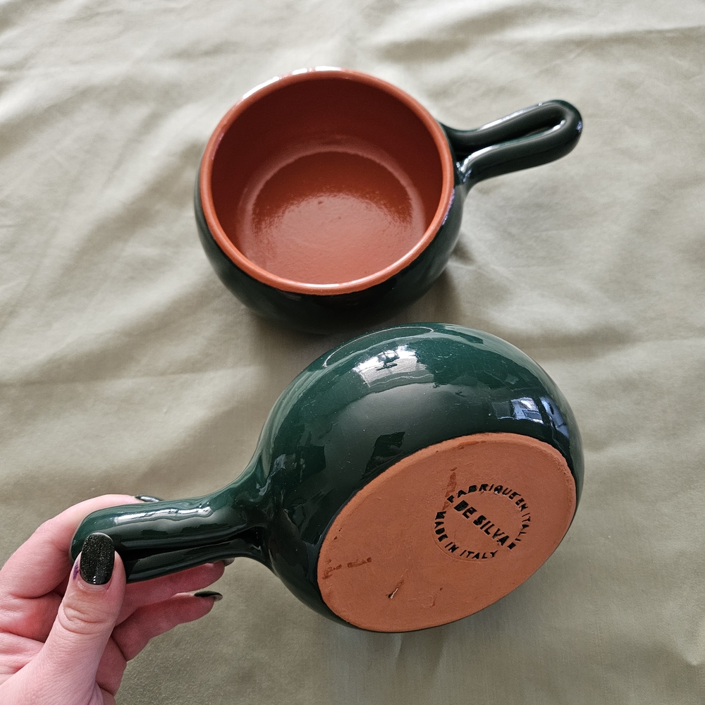 Set of Two De Silva Forest Green‎ Terracotta Handled Soup Bowls Made in Italy
